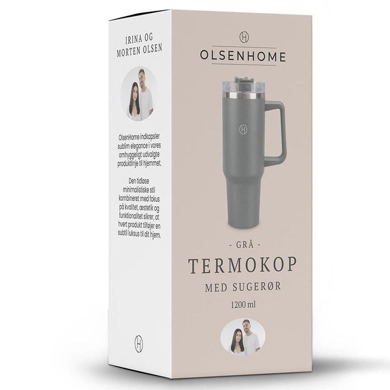 Termokopp med Sugerør 1,2 Liter - Grå - OlsenHome