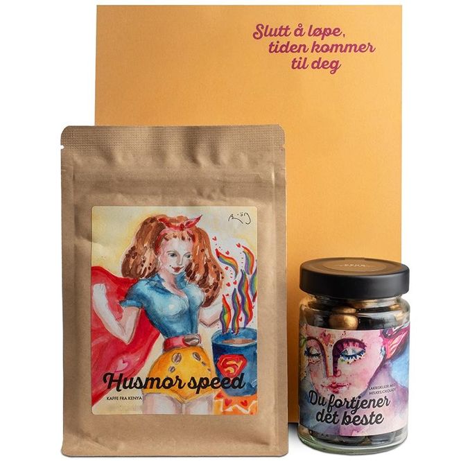 Hovedbilde Slutt å løpe, tiden kommer - gavesett, kaffe, sjokolade, illustrasjon