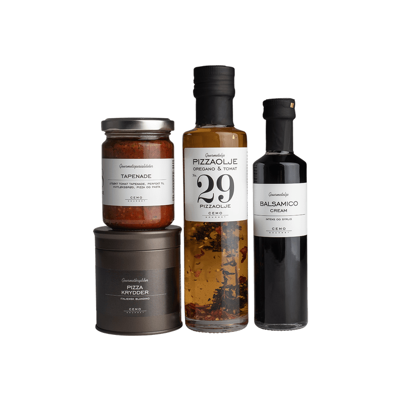 Temapose pizza - Pizzakrydder, Tapenade, Balsamico cream, Pizzaolje og pizzaoppskrift